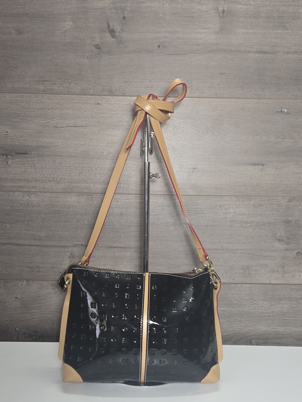Arcadia Black Patent Italian Leather Crossbody  Shoulder Bag with Tan Trim